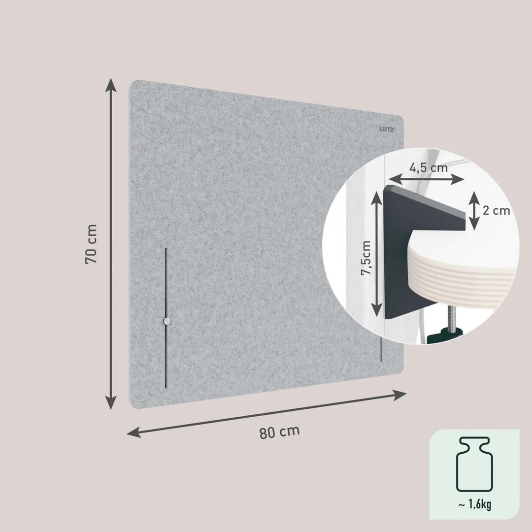 Écran de bureau acoustique réglable en hauteur, 80 x 70 cm séparateur réglable 80 cm LEITZ - Écran de bureau acoustique réglable en hauteur LEITZ séparateur réglable 80 cm, dimensions et cotes de la pince
