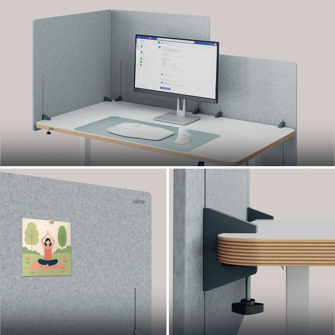 Écran de bureau acoustique réglable en hauteur, 80 x 70 cm séparateur réglable 80 cm LEITZ - Écran de bureau acoustique réglable en hauteur LEITZ séparateur réglable 80 cm, en angle et punaisé sur un poste