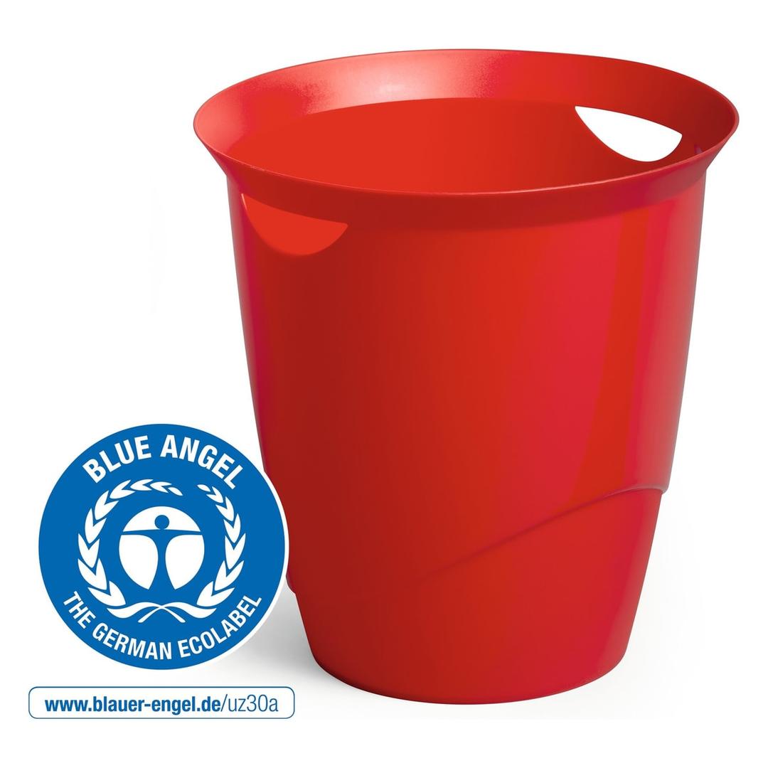 Corbeille à papier, 2 poignées de transport TREND 16 litres DURABLE - Corbeille à papier DURABLE TREND 16 litres rouge, avec le label Ange bleu