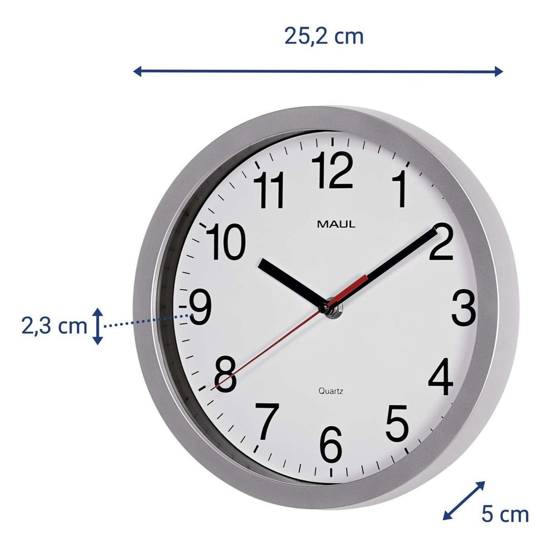 Horloge murale à quartz silencieuse, Ø 25 cm run quartz argent MAUL - Horloge murale à quartz silencieuse MAUL run quartz argent, dimensions