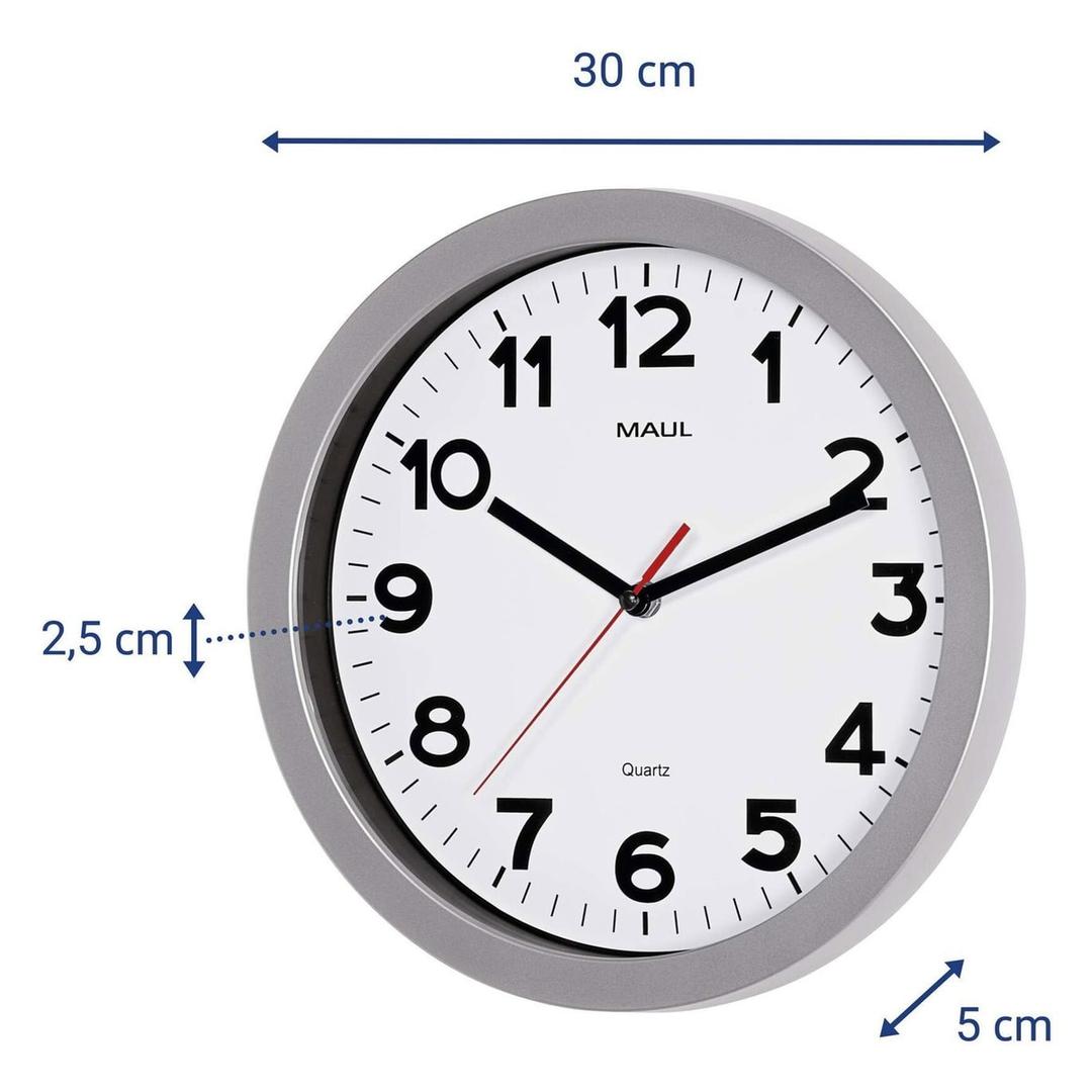 Horloge murale à quartz silencieuse, Ø 30 cm step 30 quartz argent MAUL - Horloge murale à quartz silencieuse MAUL step 30 quartz argent, dimensions
