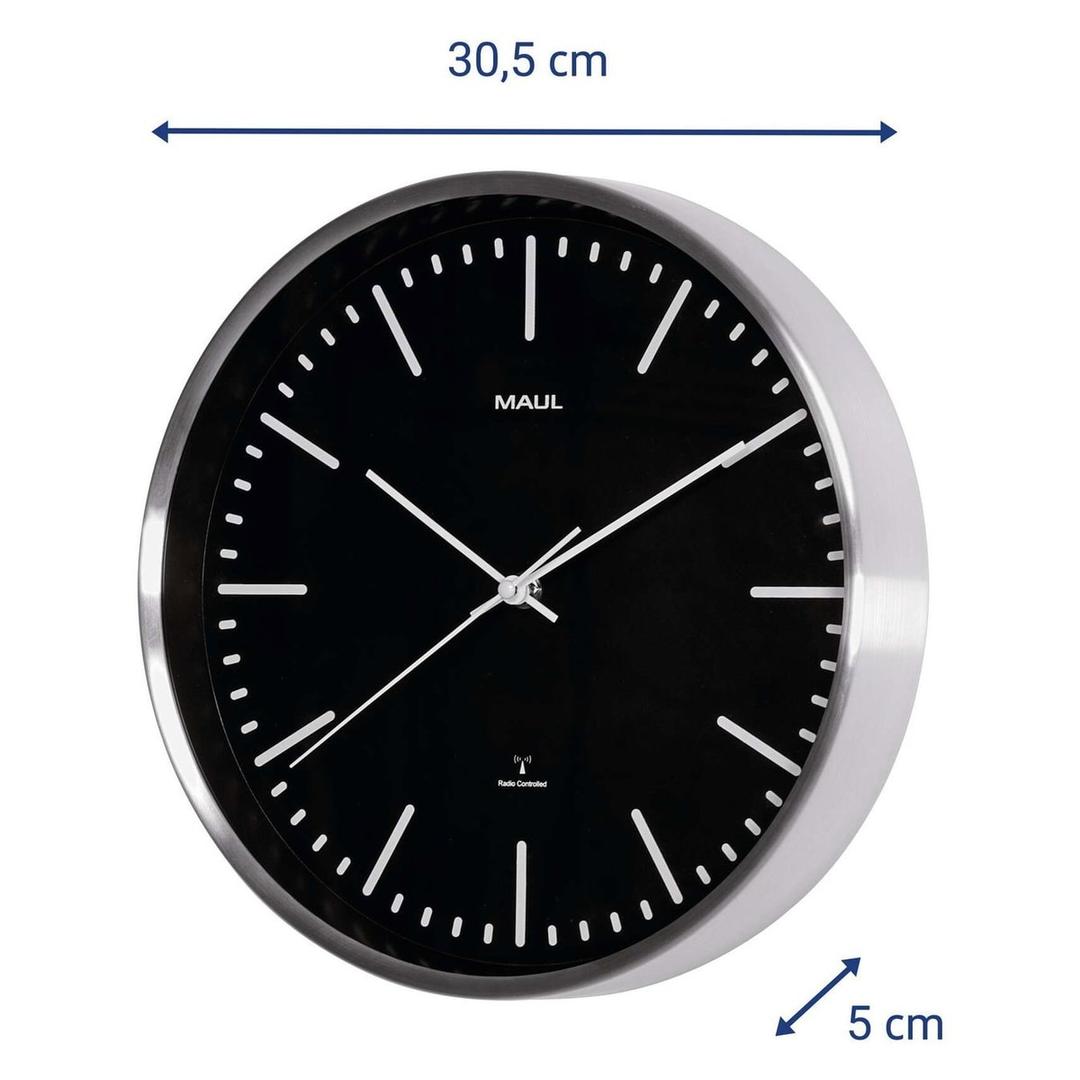 Horloge radio-pilotée en aluminium, Ø 30,5 cm fly cadran noir MAUL - Horloge radio-pilotée en aluminium MAUL fly cadran noir, dimensions