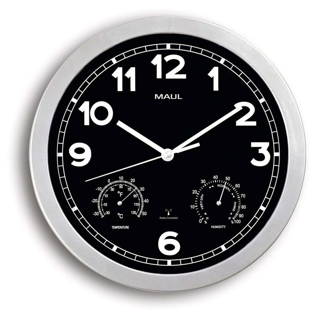 Horloge radio-pilotée, thermomètre et hygromètre drive argent MAUL - Horloge radio-pilotée MAUL drive argent, vue d'ensemble