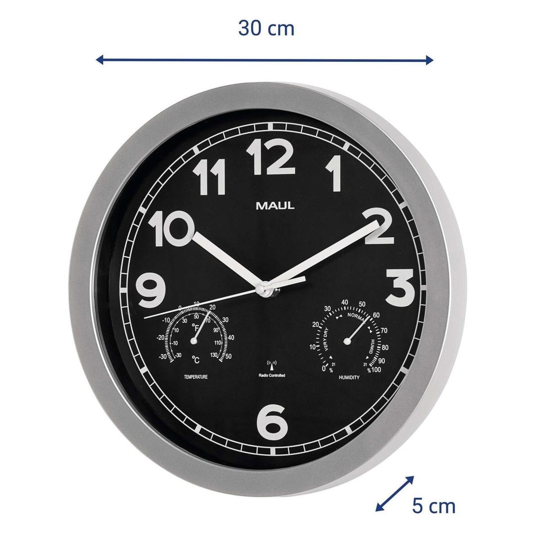 Horloge radio-pilotée, thermomètre et hygromètre drive argent MAUL - Horloge radio-pilotée MAUL drive argent, dimensions