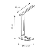 Lampe de bureau LED pliable, rechargeable HALO UNILUX - Lampe de bureau LED UNILUX HALO, schéma coté 33 cm de haut, bras de 29 cm, socle de 17 x 12 cm