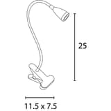 Lampe LED à pince, bras flexible SNOKE UNILUX - Lampe LED à pince UNILUX SNOKE, schéma coté 25 cm de haut, pince de 11,5 x 7,5 cm
