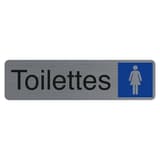 Aspect aluminium brossé, 165 x 44 mm Plaque toilette femmes adhésive 67163E EXACOMPTA - Plaque adhésive Toilettes EXACOMPTA 67163E, silhouette de femme sur pavé bleu