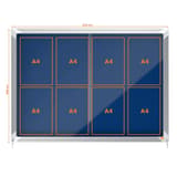 Intérieure, portes coulissantes, fond en feutre bleu, 8 x A4 Vitrine d'affichage Premium Plus NOBO - Vitrine d'affichage nobo Premium Plus à portes coulissantes, feutre bleu 8 x A4, plan des emplacements A4