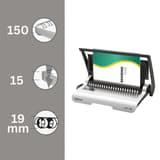 Perforelieuse FELLOWES Star +150 de trois quarts, document en place, repères 150 feuilles et 19 mm