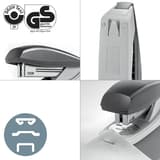 Détails de l'agrafeuse de bureau Leitz NeXXt Recycle 5604 verte : tête, arrière, marquage GS et formes d'agrafage.