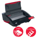Perforelieuse manuelle à peignes plastiques, 20 feuilles CombBind CB20 GBC - Vue de face avec capot ouvert et pictogrammes indiquant capacité 240 feuilles et peignes 6-28 mm