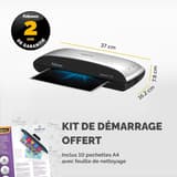 Cotes de la plastifieuse à pochettes Fellowes Spectra A4 : 37 cm de large, 16,2 cm de profondeur, 7,8 cm de haut, avec le kit de démarrage