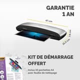 Cotes de la plastifieuse à pochettes Fellowes Spectra A3 : 47 cm de large, 16,2 cm de profondeur, 7,8 cm de haut, avec le kit de démarrage