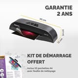 Cotes de la plastifieuse à pochettes Fellowes Calibre A4 : 45 cm de large, 14 cm de haut, 11 cm de profondeur, avec le kit de démarrage