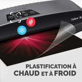 Bandeau de la plastifieuse à pochettes Fellowes Calibre A3, pictogrammes de plastification à chaud et à froid