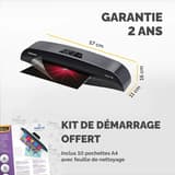 Cotes de la plastifieuse à pochettes Fellowes Calibre A3 : 57 cm de large, 16 cm de haut, 11 cm de profondeur, avec le kit de démarrage