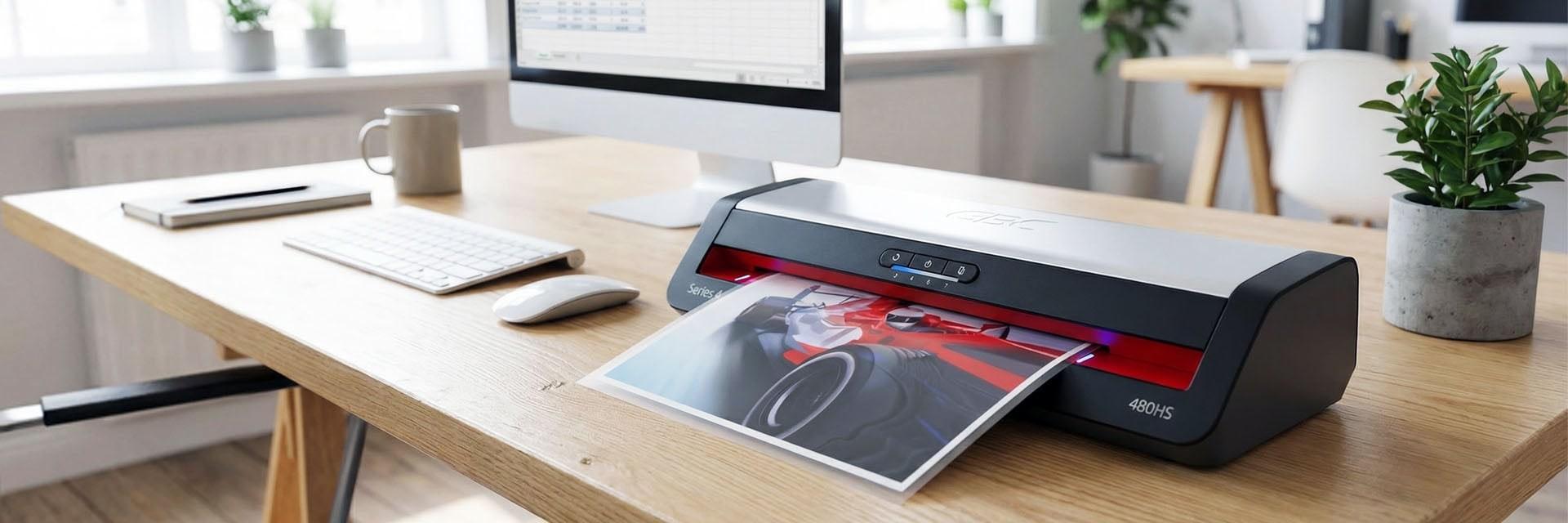 Plastifieuse GBC 480HS sur un bureau en bois clair, document plastifié en sortie