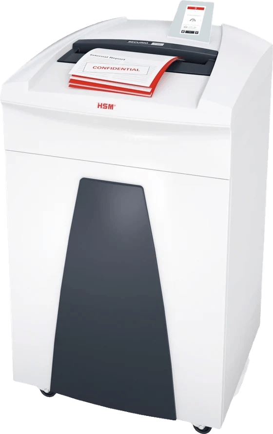 Destructeur HSM Securio P40i, des feuilles confidentielles engagées dans la fente