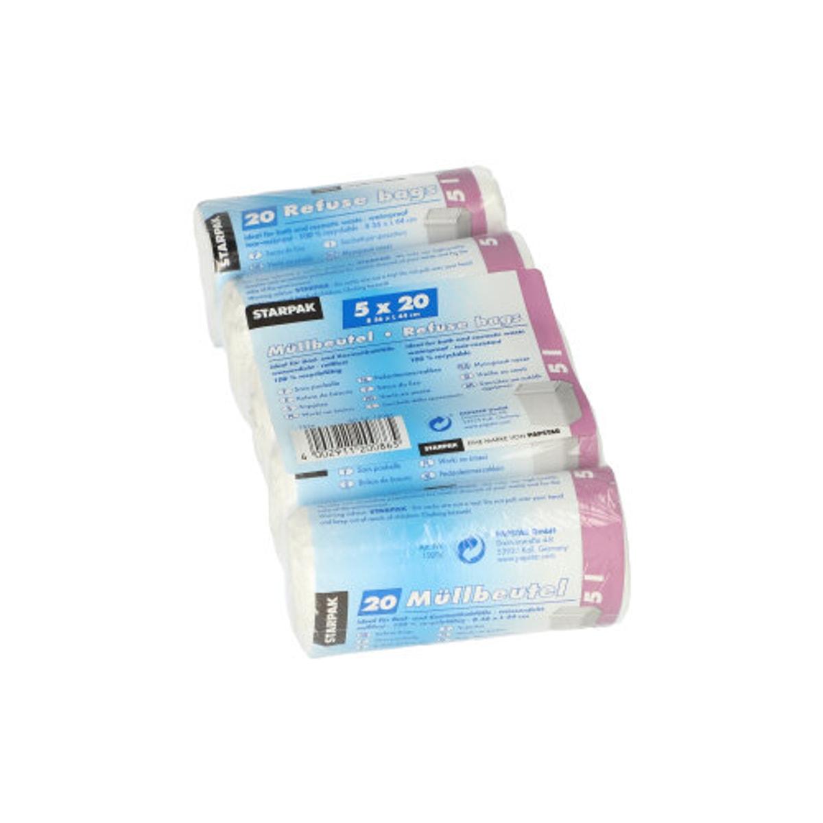 Paquet de 5 rouleaux de 20 sacs poubelle STARPAK 5 litres blancs