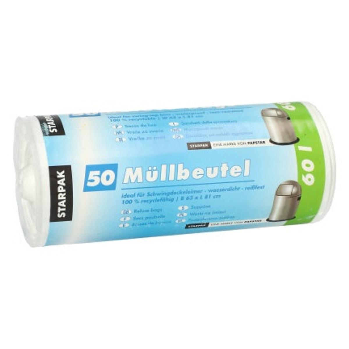 Rouleau de 50 sacs en PEHD de 9 microns, sacs poubelle STARPAK 60 litres blancs