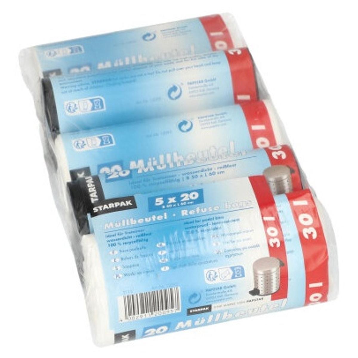 Paquet de 5 rouleaux de 20 sacs en PEHD de 13 microns, sacs poubelle STARPAK 30 litres blancs et noirs