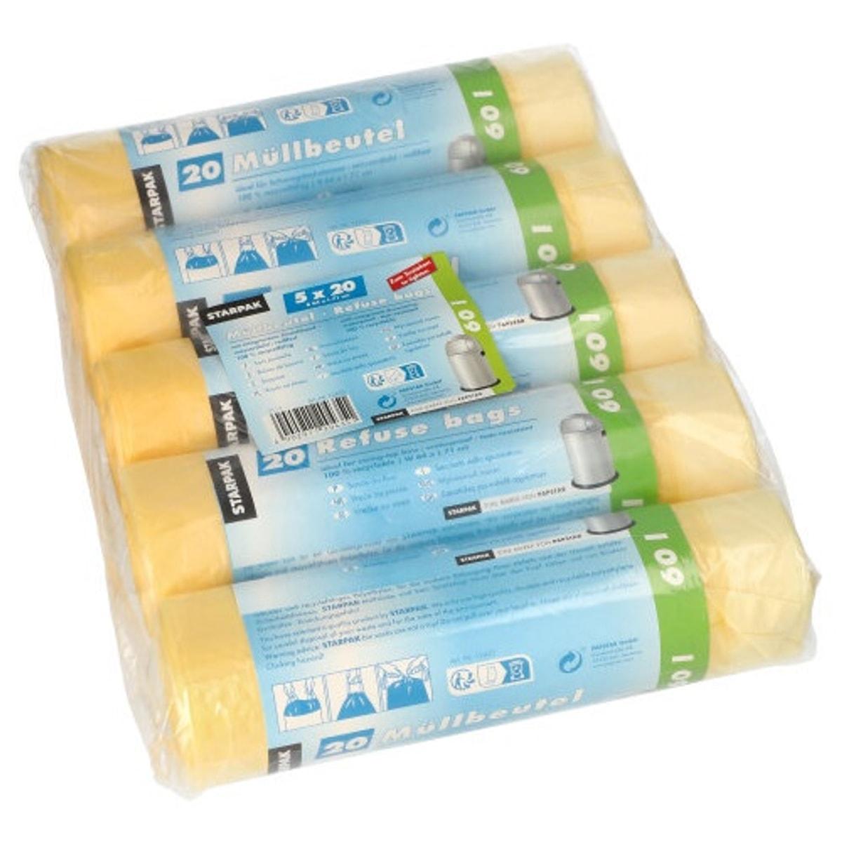 Paquet de 5 rouleaux de 20 sacs en PEHD de 18 microns, sacs poubelle STARPAK 60 litres jaunes