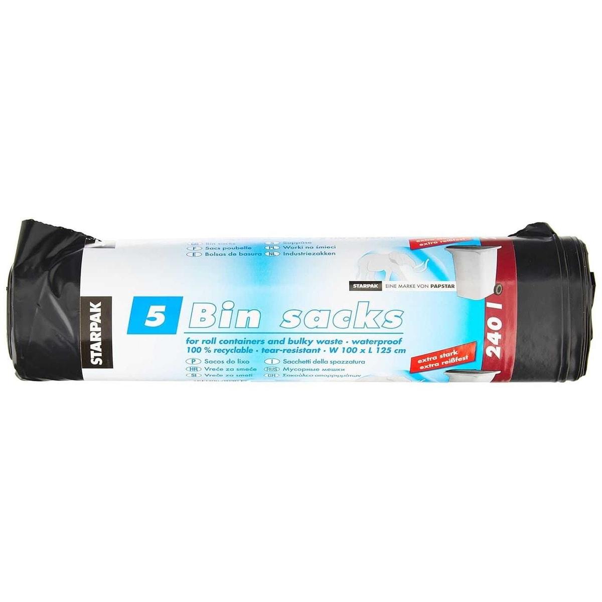 Rouleau de 5 sacs en PEBD de 60 microns, sacs poubelle STARPAK 240 litres noirs