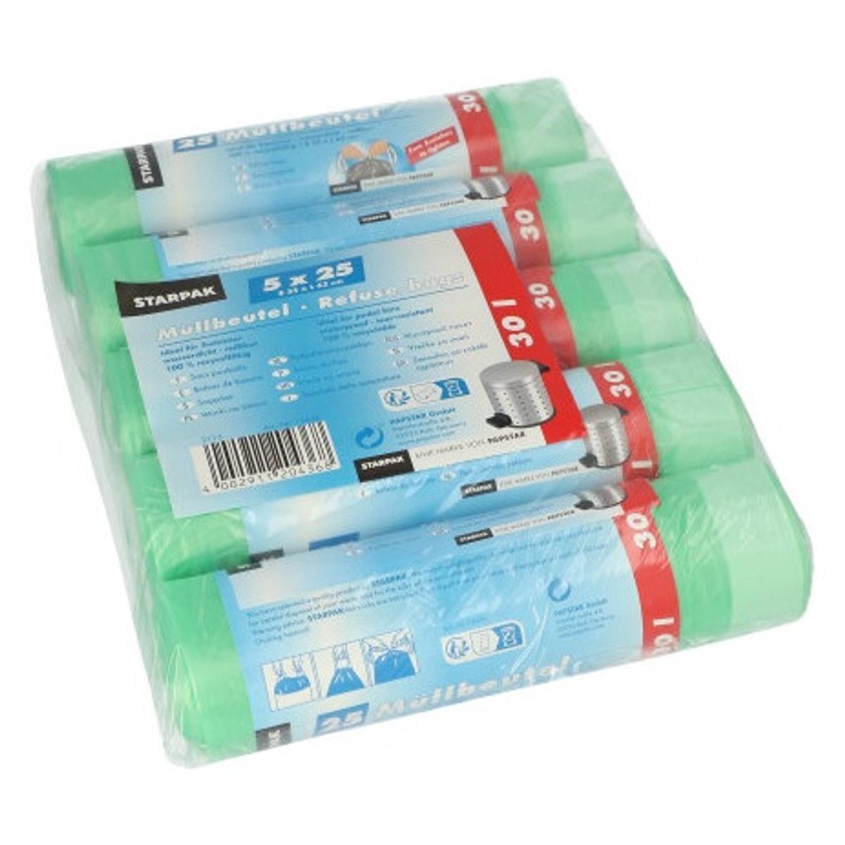 Paquet de 5 rouleaux de 25 sacs en PEHD de 16 microns, sacs poubelle STARPAK 30 litres verts