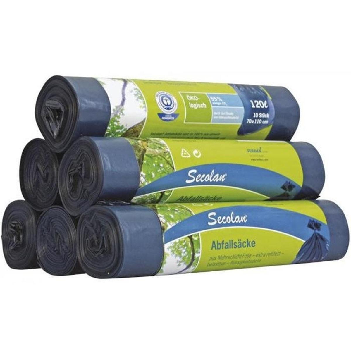 Rouleau de 10 sacs en PEBD recyclé, Ange bleu, sacs poubelle Secolan 120 litres bleus