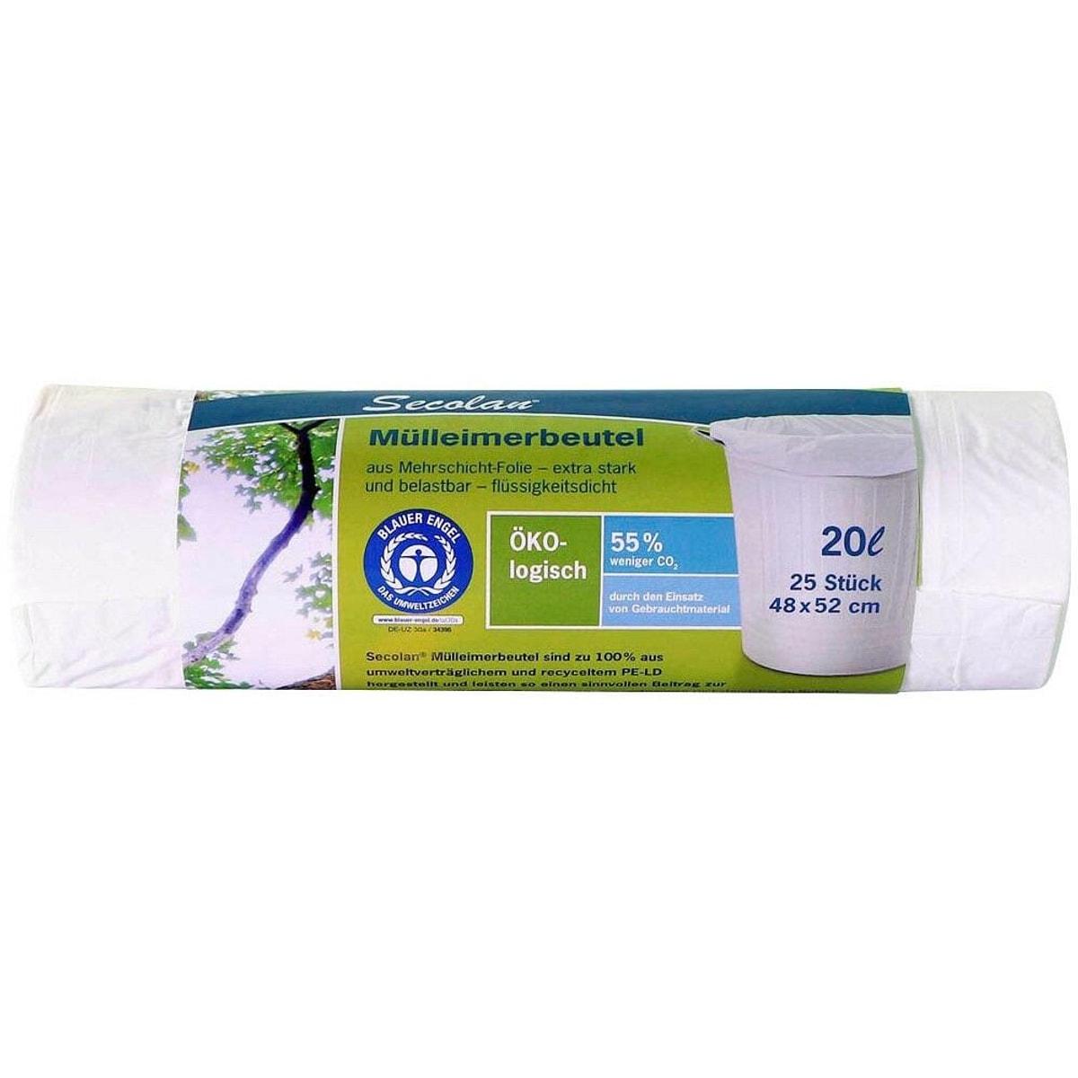 Rouleau de 25 sacs en PEBD recyclé, Ange bleu, sacs poubelle Secolan 20 litres blancs