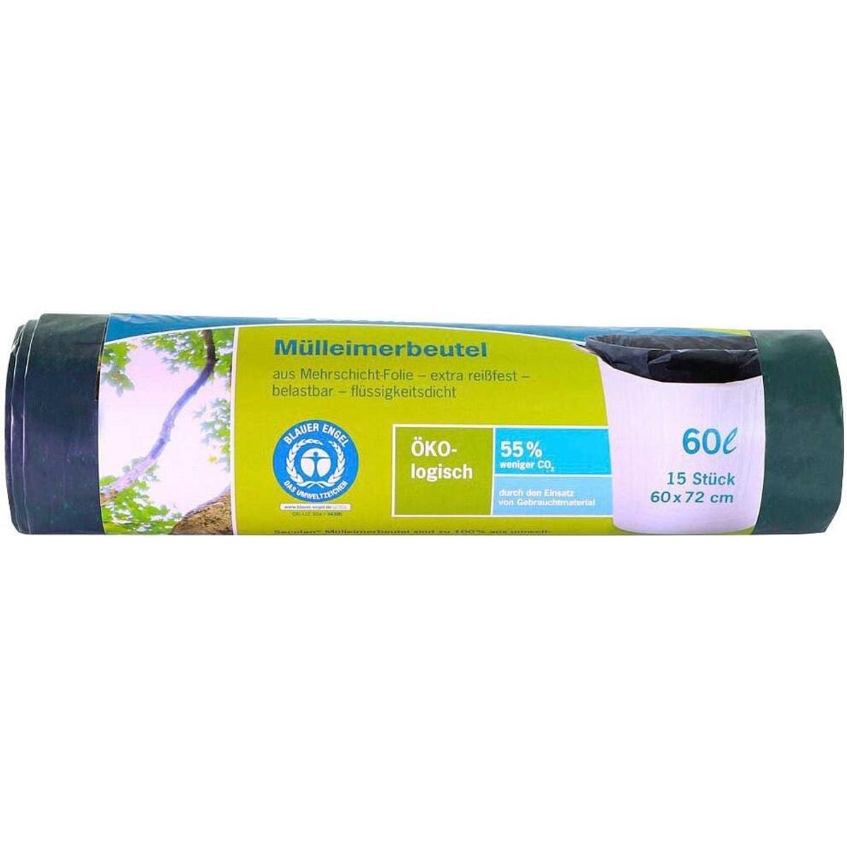 Rouleau de 15 sacs en PEBD recyclé, Ange bleu, sacs poubelle Secolan 60 litres vert foncé