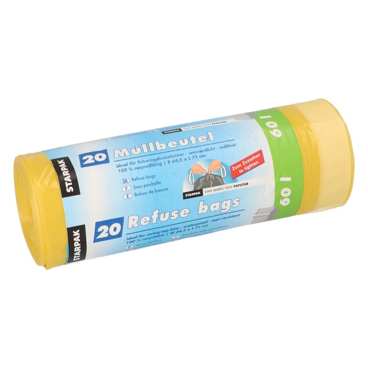 Rouleau de 20 sacs en PEBD de 20 microns, sacs poubelle STARPAK 60 litres jaunes