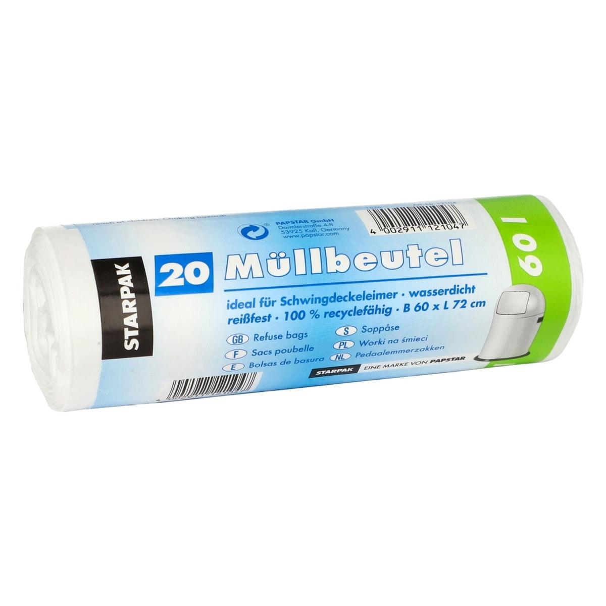 Rouleau de 20 sacs en PEBD de 17 microns, sacs poubelle STARPAK 60 litres blancs