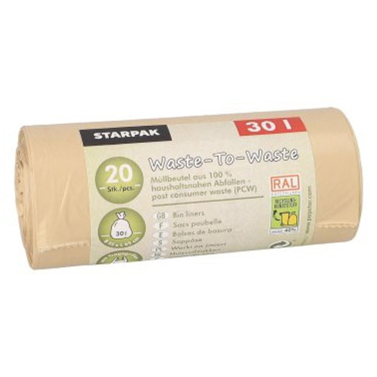 Rouleau de 20 sacs en PEBD recyclé de 20 microns, sacs poubelle STARPAK 30 litres beiges