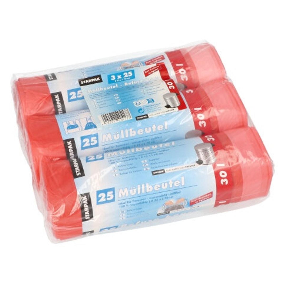 Paquet de 3 rouleaux de 25 sacs en PEHD de 17 microns, sacs poubelle STARPAK 30 litres rouges