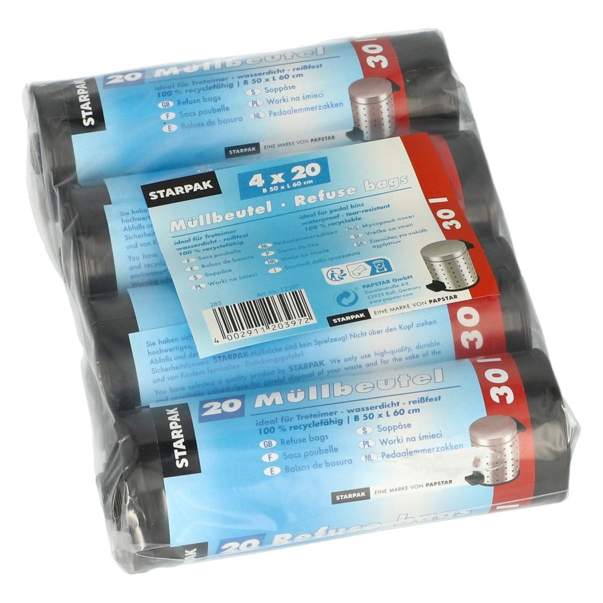 Paquet de 4 rouleaux de 20 sacs en PEBD de 17 microns, sacs poubelle STARPAK 30 litres gris