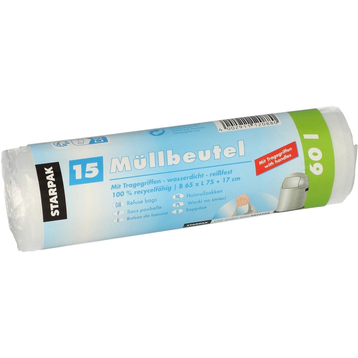 Rouleau de 15 sacs en PEHD de 12 microns, sacs poubelle STARPAK 60 litres transparents