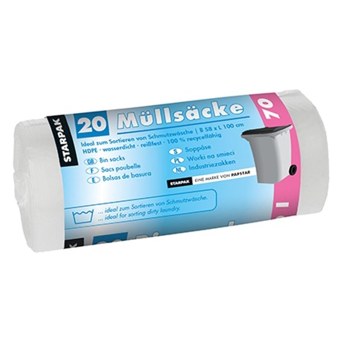 Rouleau de 20 sacs en PEHD de 23 microns, sacs poubelle STARPAK 70 litres transparents