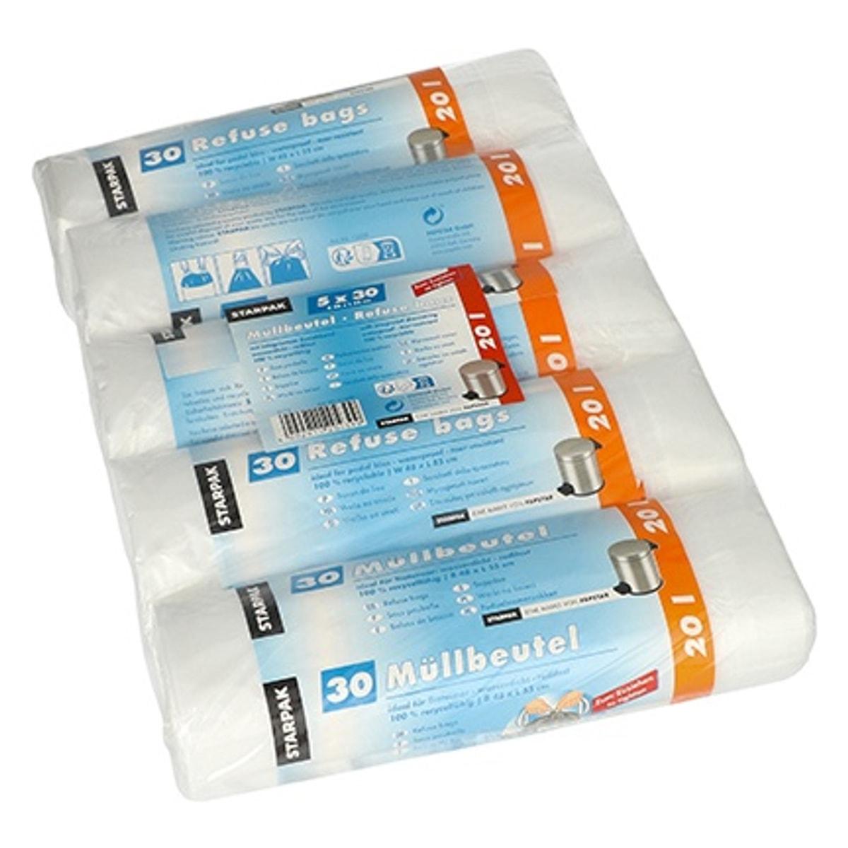 Paquet de 5 rouleaux de 30 sacs en PEHD de 14 microns, sacs poubelle STARPAK 20 litres transparents