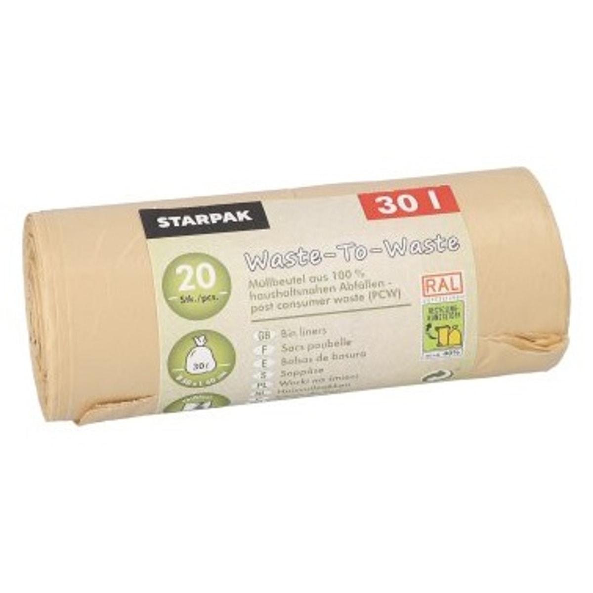 Rouleau de 20 sacs en PEBD recyclé de 20 microns, sacs poubelle STARPAK 30 litres beiges