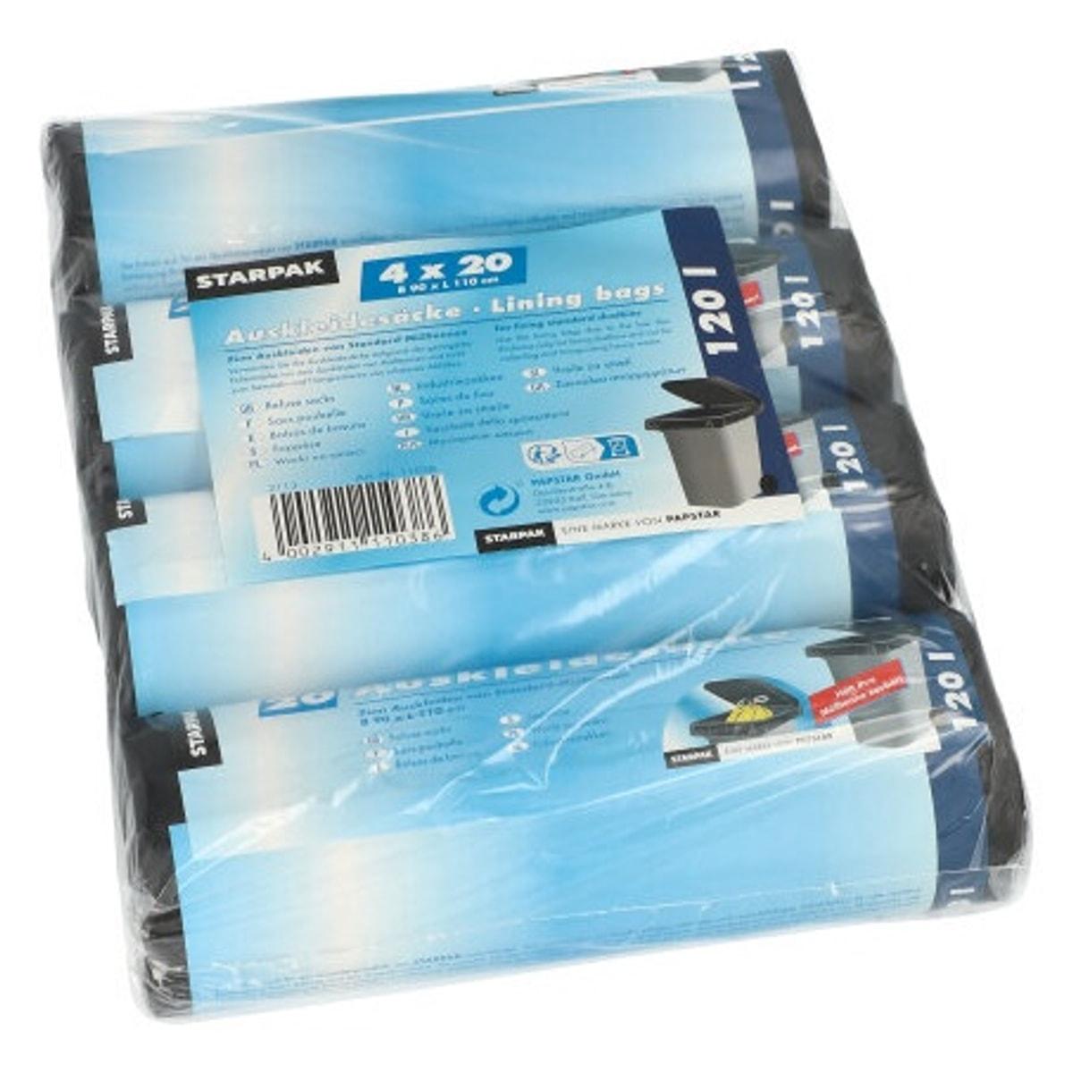 Paquet de 4 rouleaux de 20 sacs en PEBD de 16 microns, sacs poubelle STARPAK 120 litres noirs