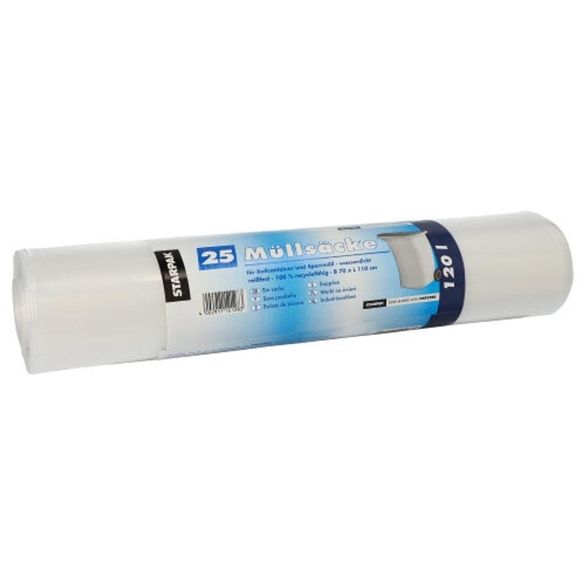 Rouleau de 25 sacs en PEBD de 45 microns, sacs poubelle STARPAK 120 litres transparents