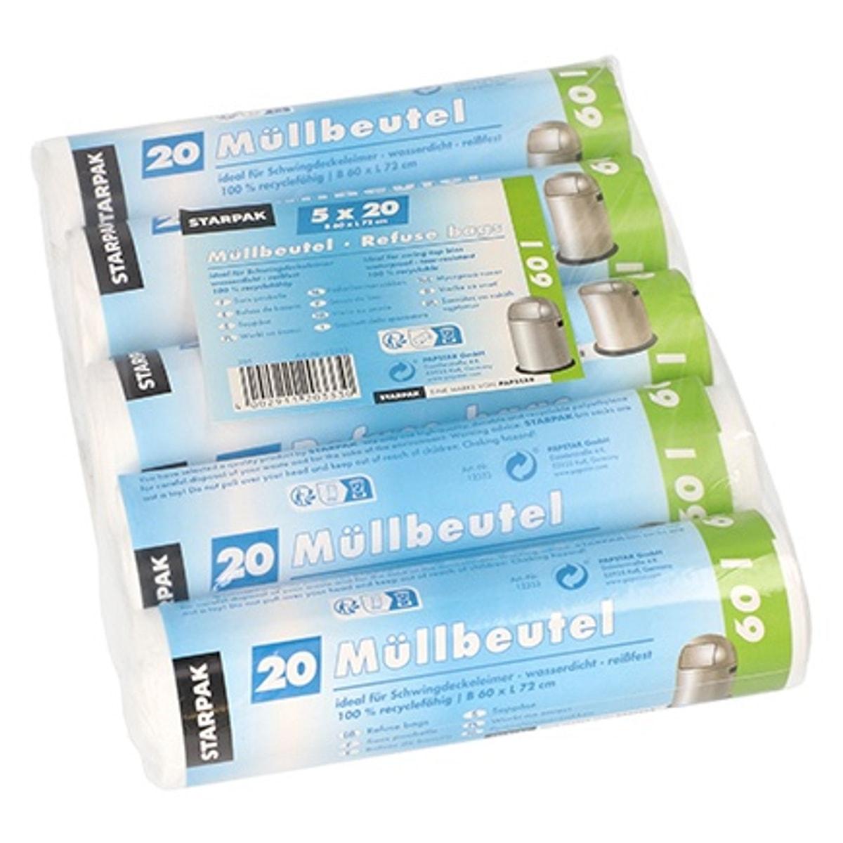 Paquet de 5 rouleaux de 20 sacs en PEHD de 10 microns, sacs poubelle STARPAK 60 litres blancs