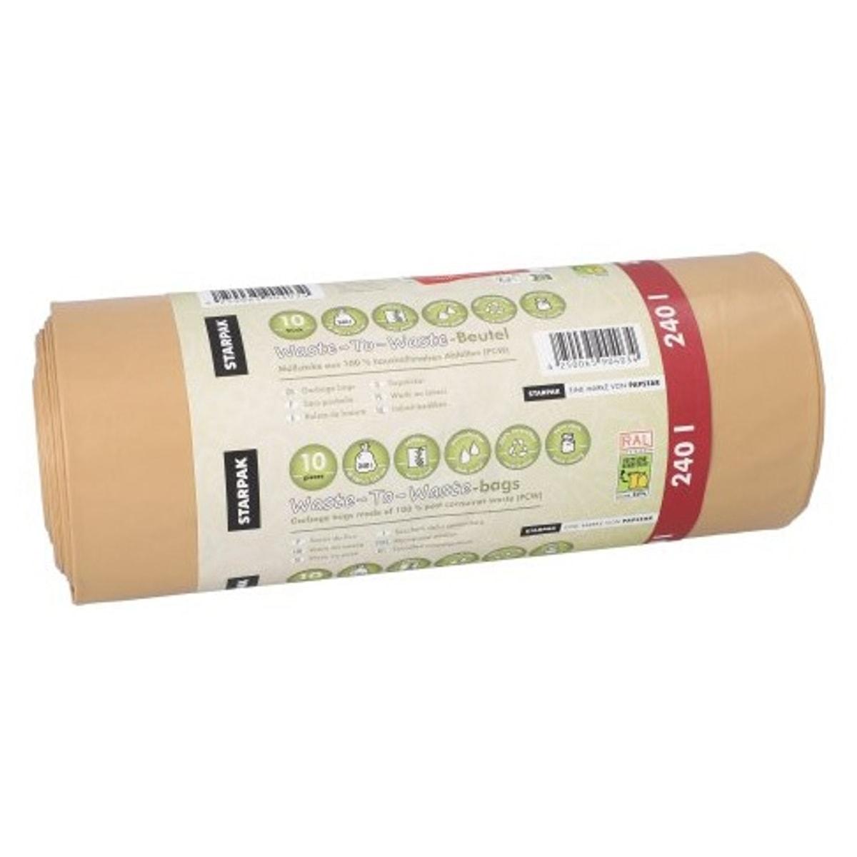 Rouleau de 10 sacs en PEBD recyclé de 60 microns, sacs poubelle STARPAK 240 litres marron