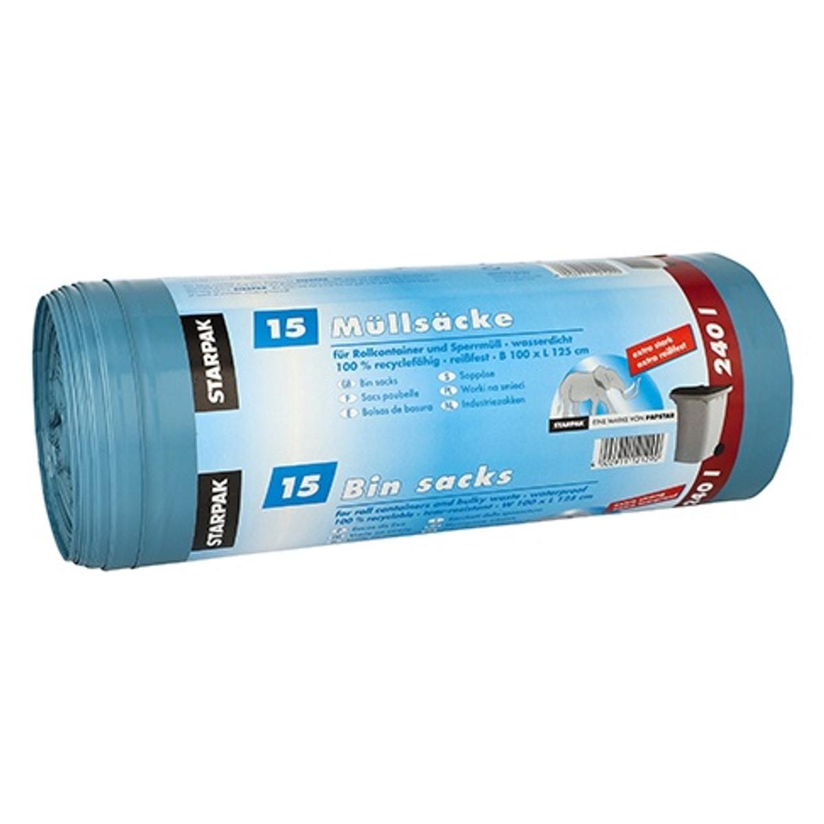 Rouleau de 15 sacs en PEBD de 60 microns, sacs poubelle STARPAK 240 litres bleus