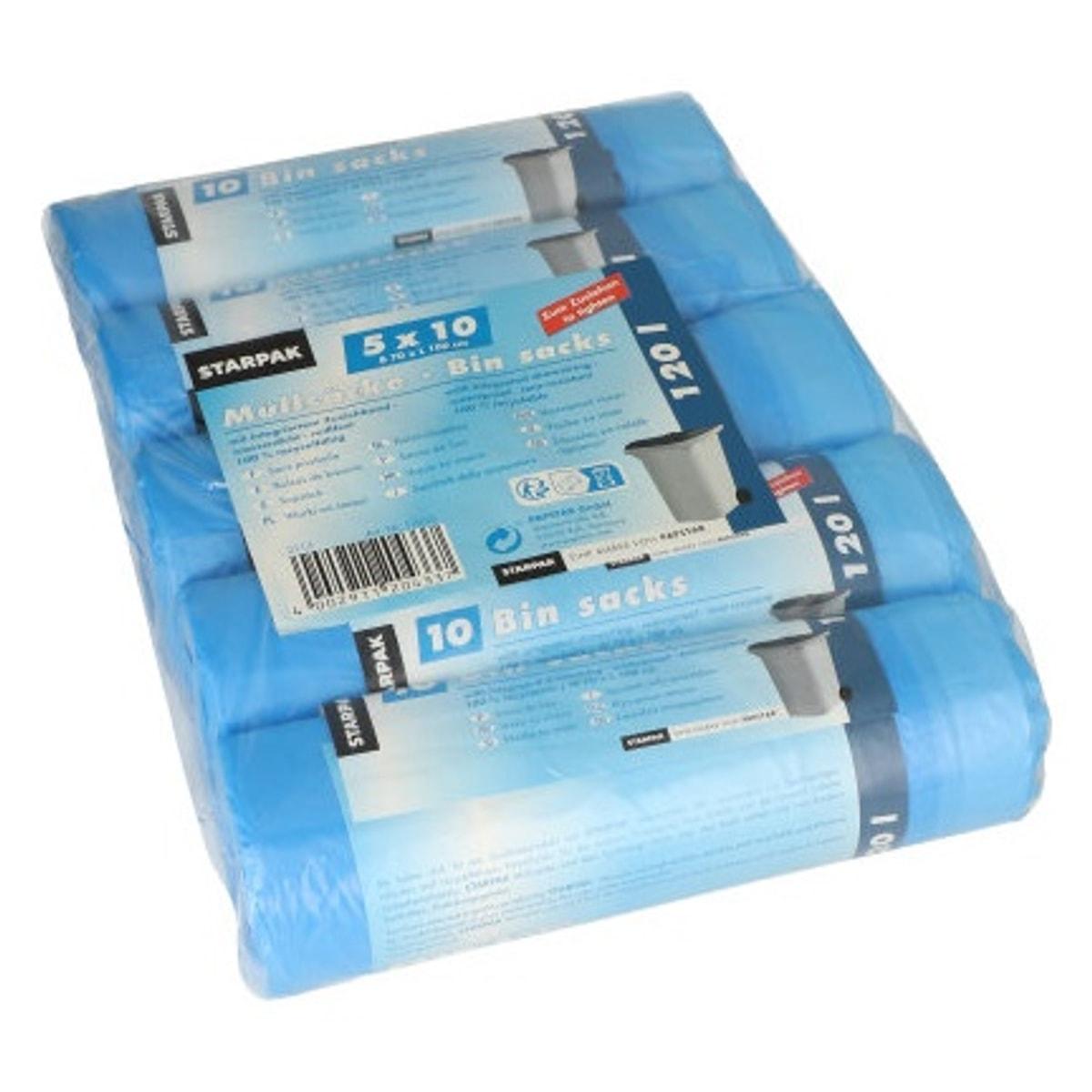 Paquet de 5 rouleaux de 10 sacs en PEHD de 24 microns, sacs poubelle STARPAK 120 litres bleus