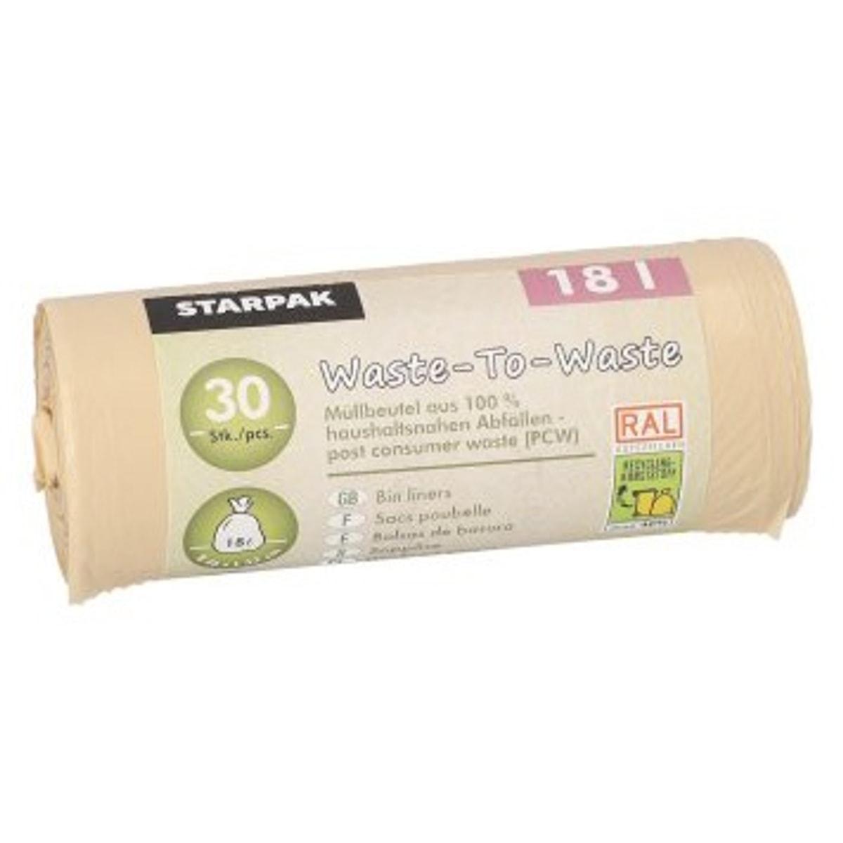 Rouleau de 30 sacs en PEBD recyclé de 10 microns, sacs poubelle STARPAK 18 litres beiges