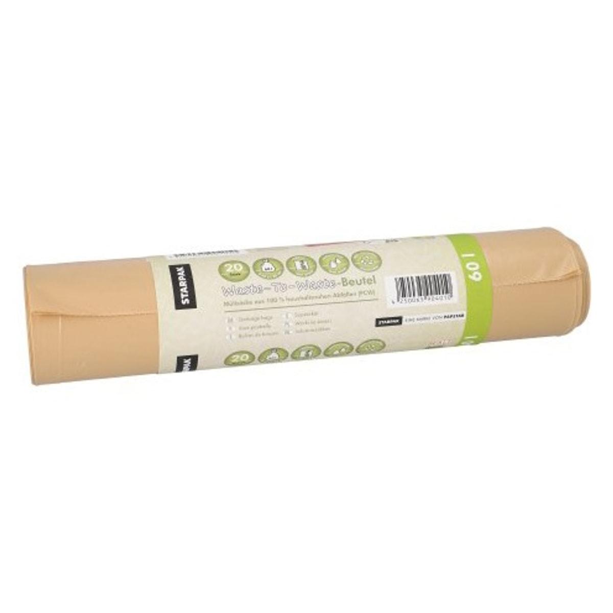 Rouleau de 20 sacs en PEBD recyclé de 45 microns, sacs poubelle STARPAK 60 litres marron