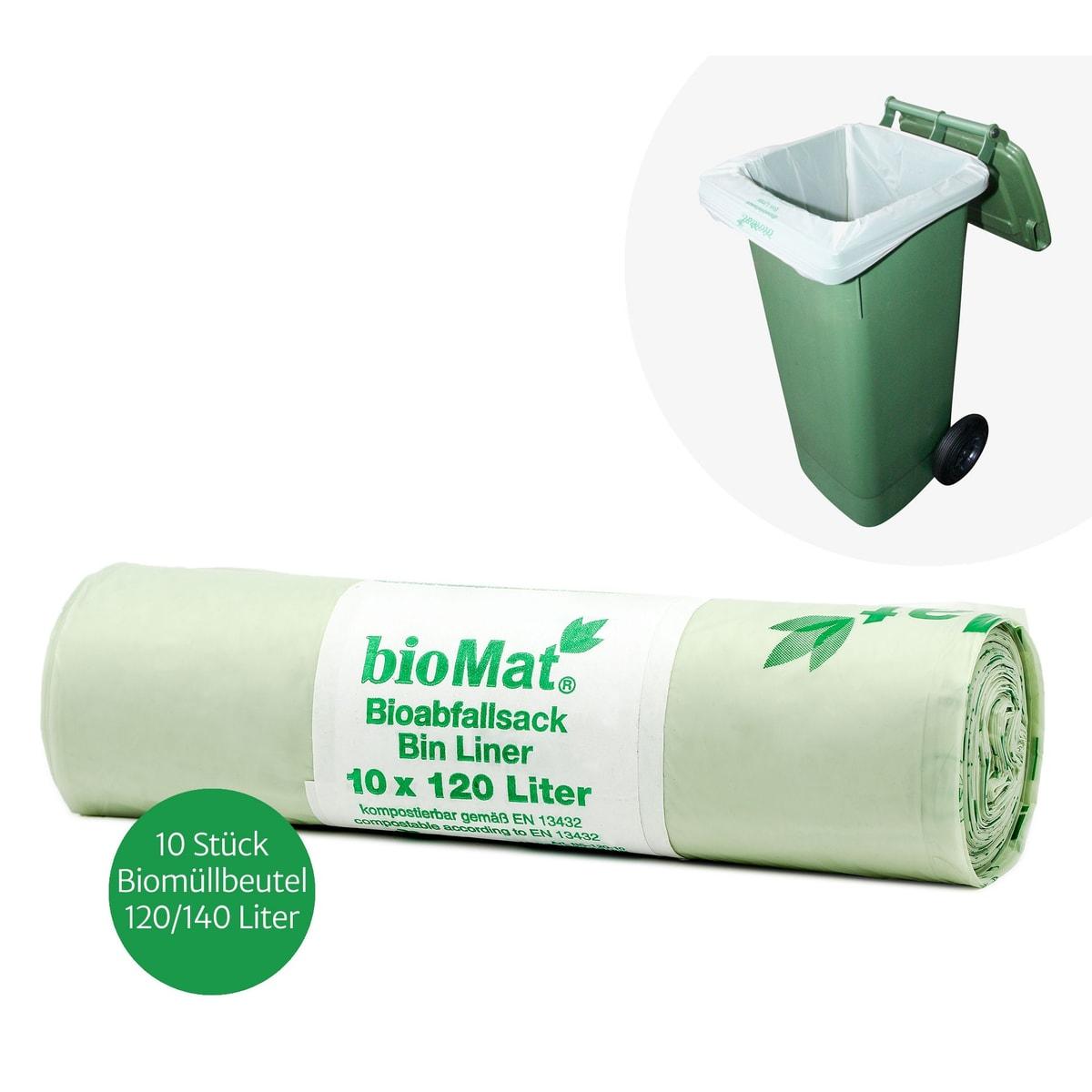 Rouleau de 10 sacs en film Mater-Bi à base d'amidon, sacs poubelle compostables bioMAT 120 litres