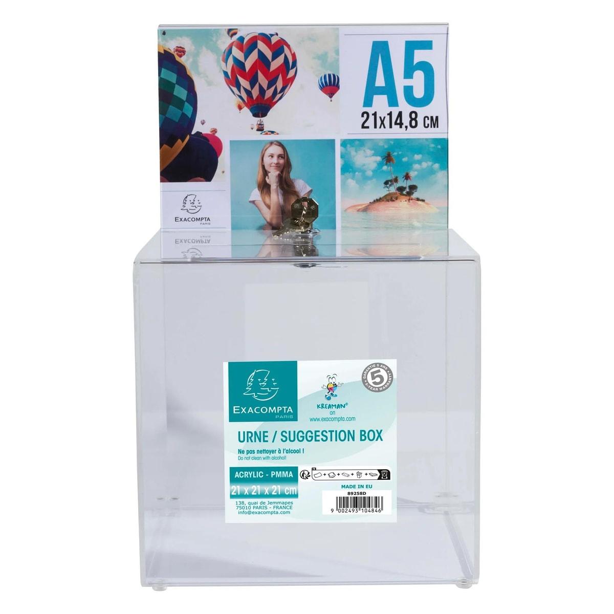Acrylique, affichette A5, hauteur 365 mm Urne fermable à clé 89258D EXACOMPTA - Urne fermable à clé EXACOMPTA 89258D avec une affichette A5 au-dessus